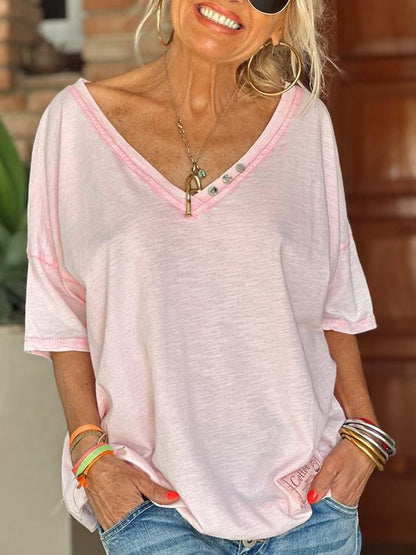 V-neck Short-sleeved Button-down T-shirt pink