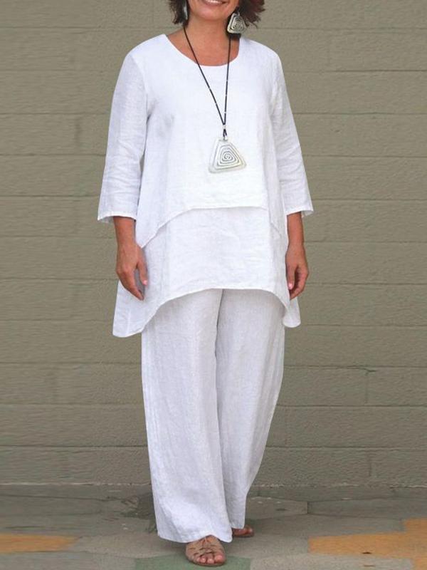 Cotton and Linen Irregular Long-sleeved Wide-leg Pants Two-piece Set White