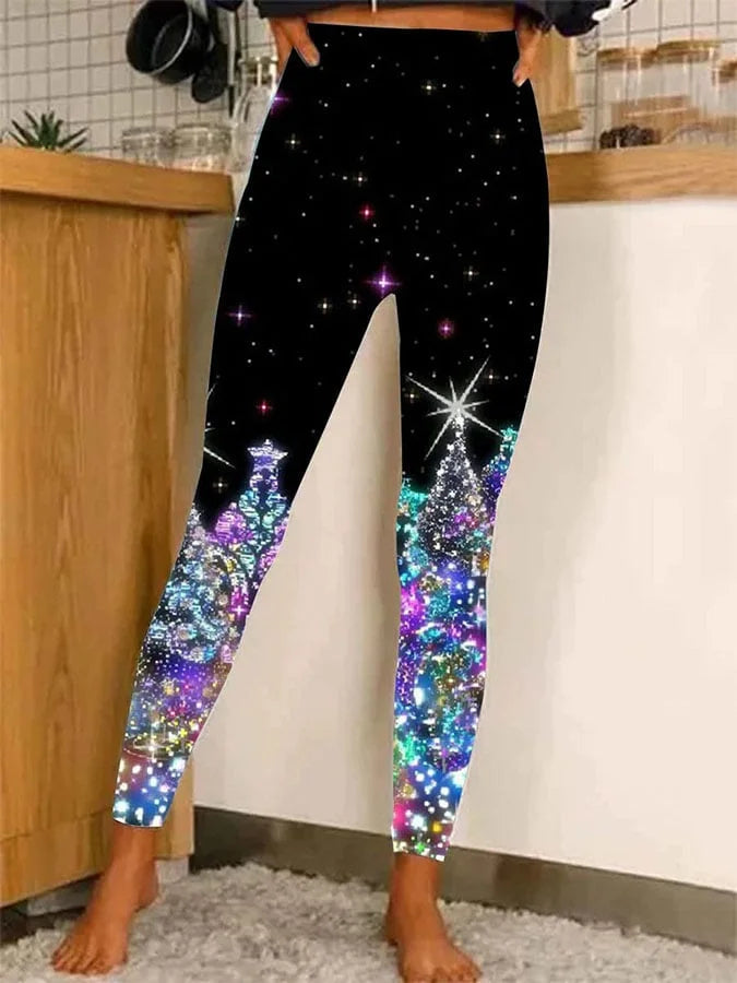 Women's Christmas Tree Print Casual Stretch Pants Black