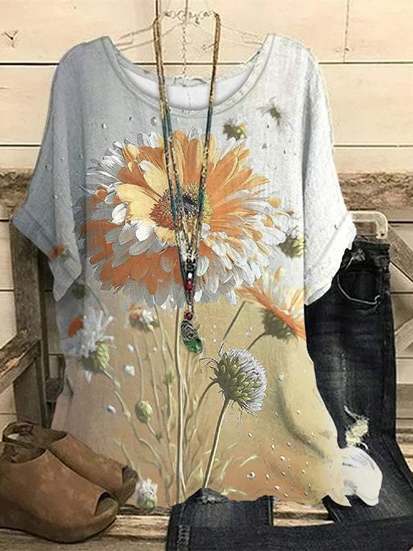 Casual Round Neck Printed Short-sleeved Top yellow