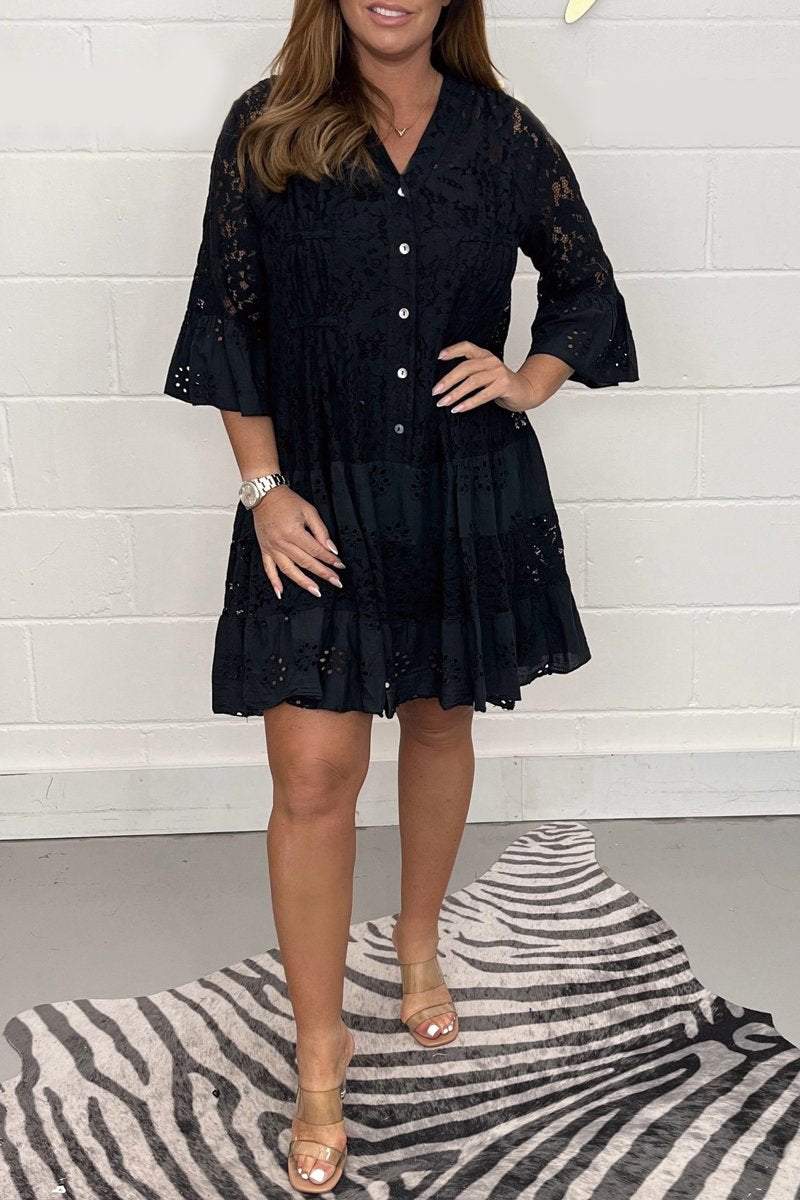 Lace Flare Button Dress Black