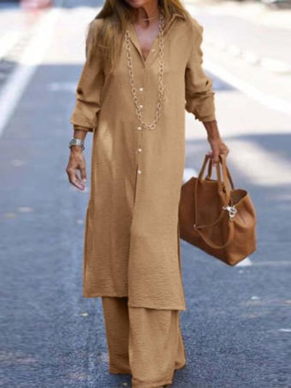 Casual Shirt and Long Sleeve Pant Suit Khaki