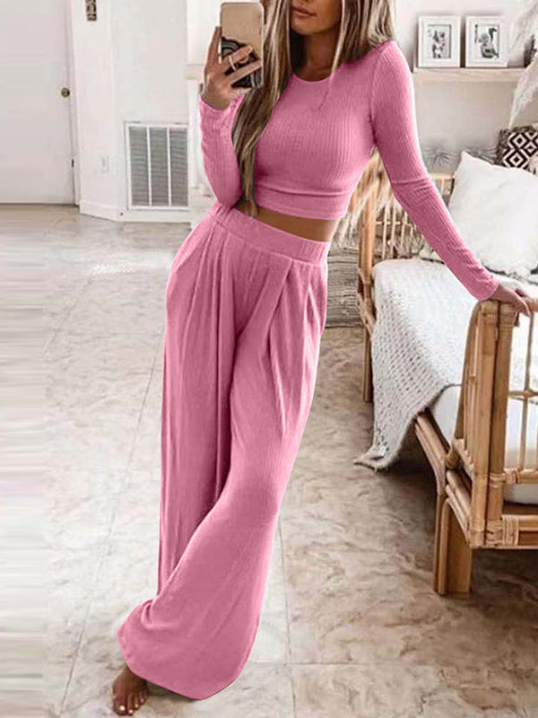 Solid color knitted casual home two-piece suit for women Pink