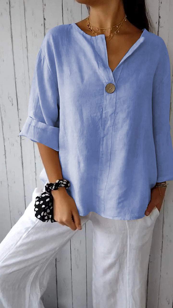 V-neck Mid-sleeve Cotton and Linen Top blue