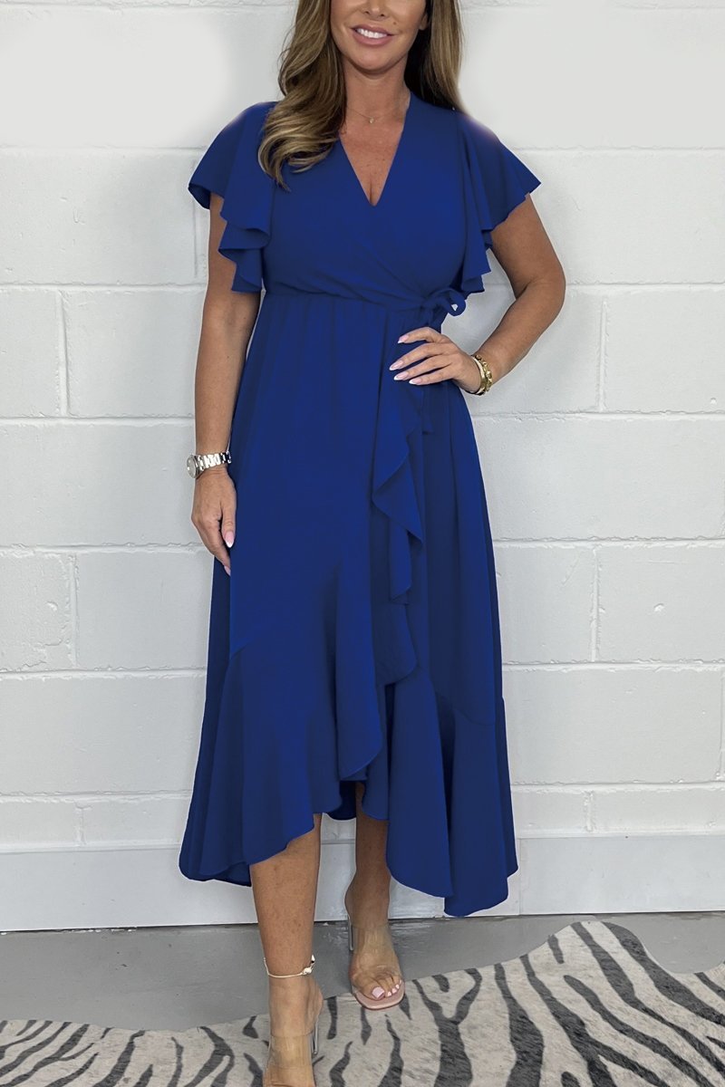 Frill Tie Waist Wrap Maxi Dress Navy blue