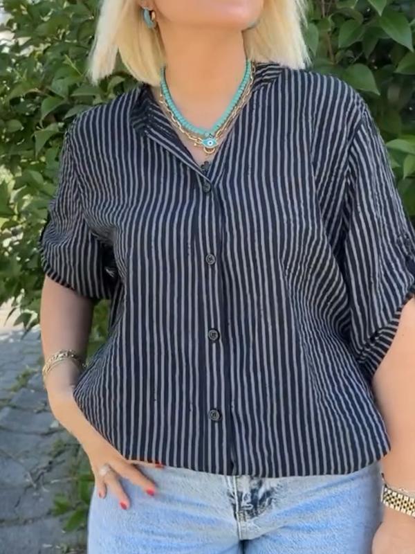 Casual V-neck Single-breasted Striped Top black