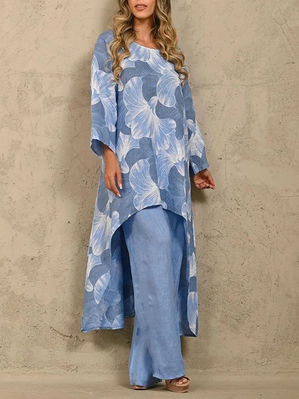 Printed long sleeve jumper irregular two-piece set Blue