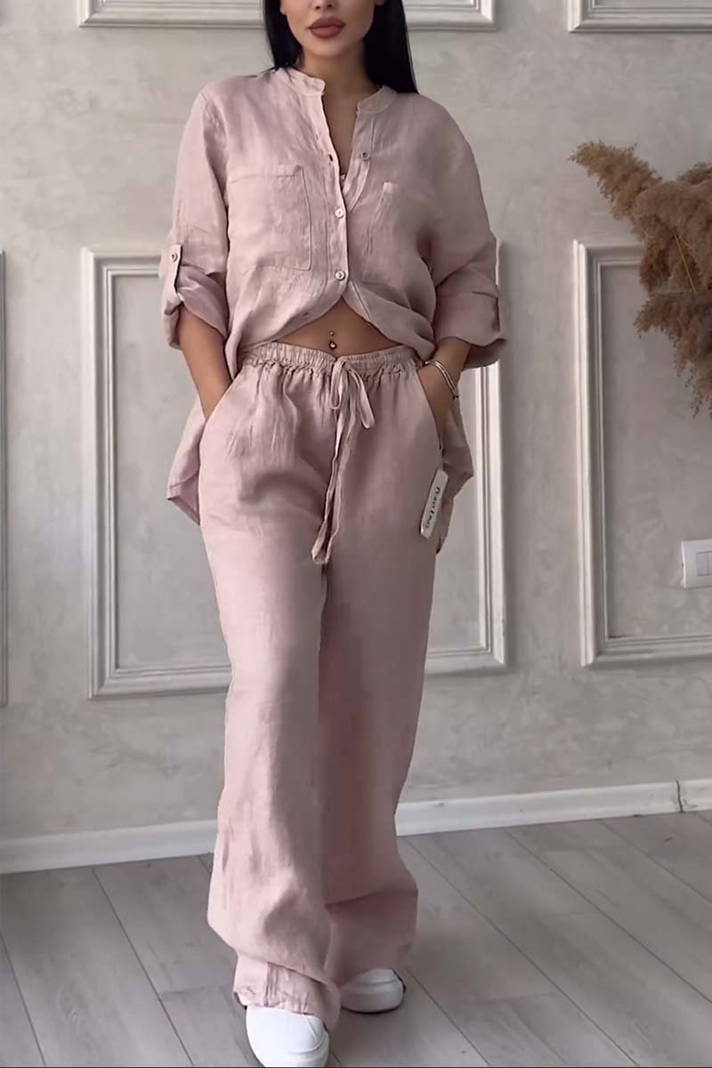 Casual solid color cotton and linen pants two-piece set Flesh pink