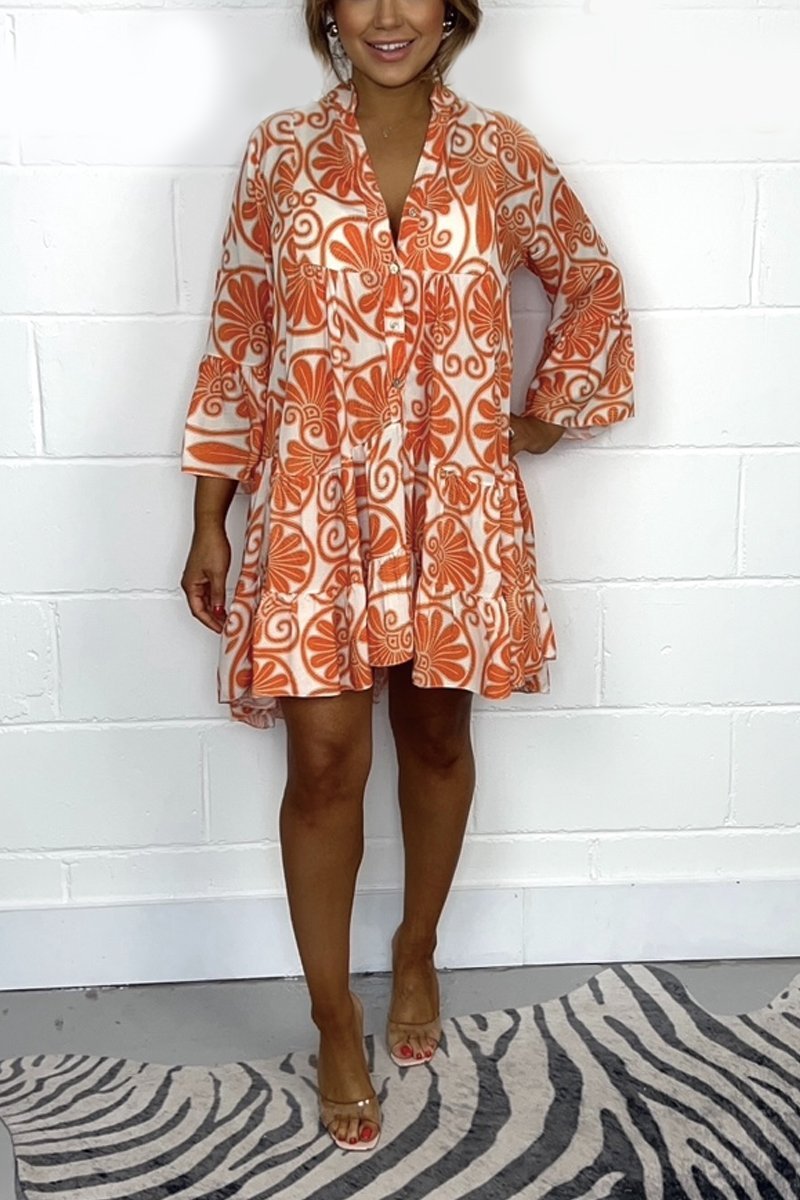 Printed High Low Swing Dress Orange