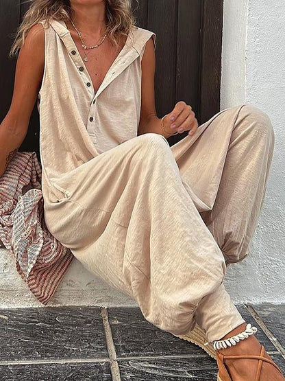 Hooded Sleeveless Trousers Jumpsuit Baggy Pants apricot