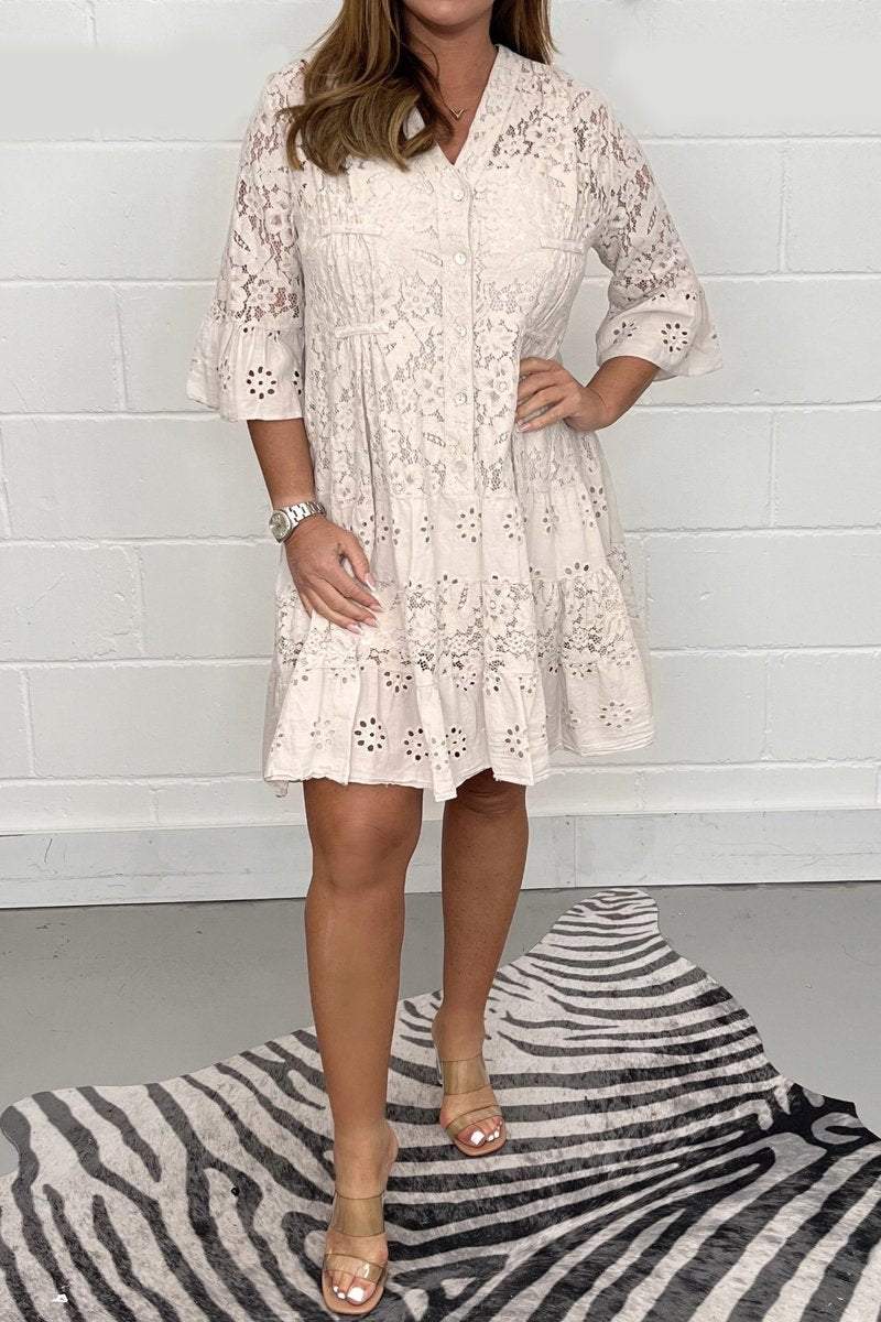 Lace Flare Button Dress Beige