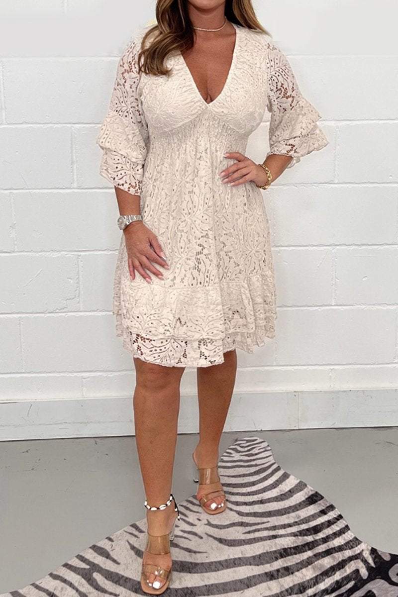 Lace V-neck dress Beige