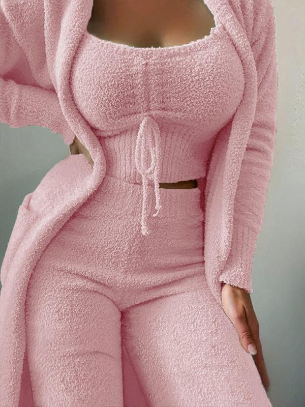 Plush Three Piece Lace Up Pajama Set Casual Suit Home Wear pink