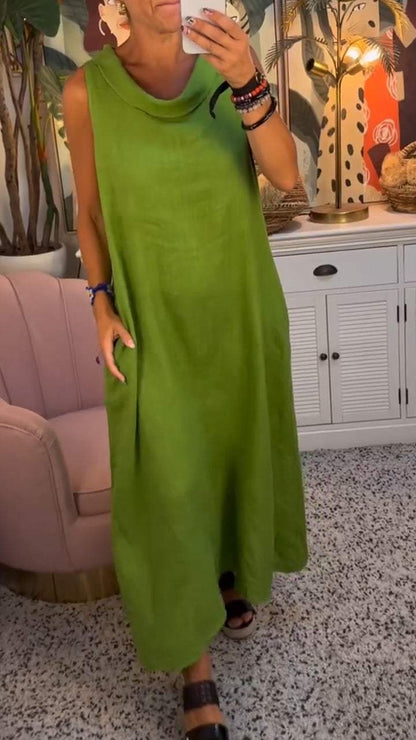 Round Neck Sleeveless Cotton and Linen Dress Green