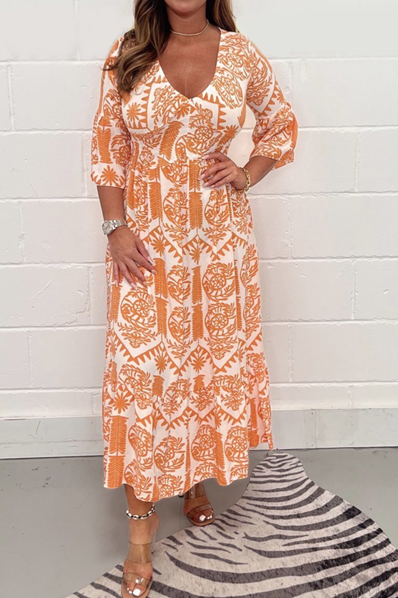 Printed V-neck dress Orange