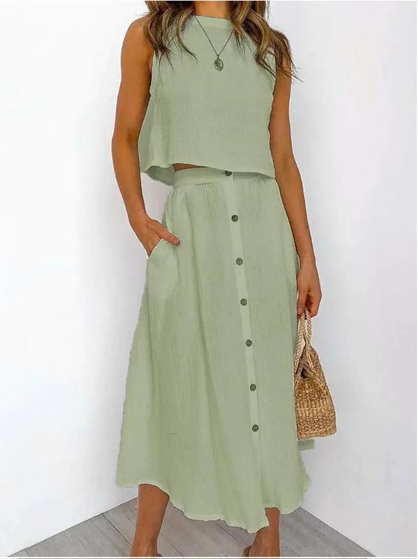 Double-layer Zou Cloth Round Neck Vest Shirt Mid-length Breasted Dress Two-piece Suit Green