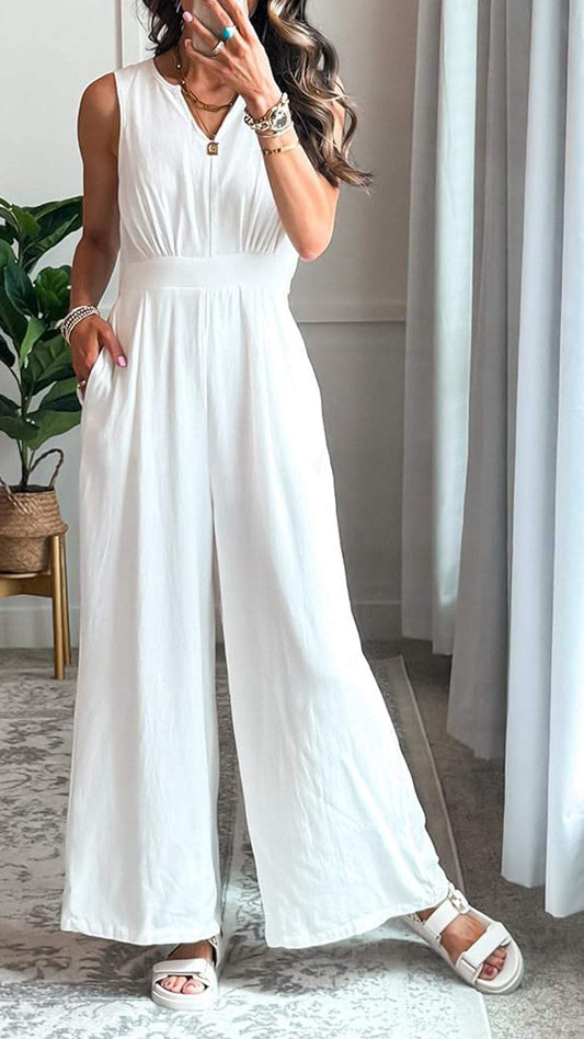 Casual V-neck Sleeveless Jumpsuit White