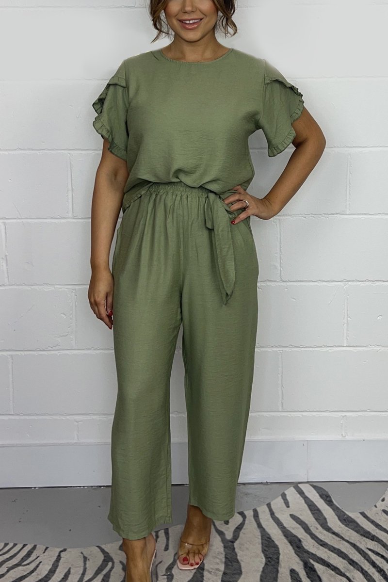 Frill Sleeve Top & trouser Co-Ord Army green