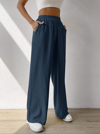 Solid Slant Pocket Wide Leg Pants Navy Blue