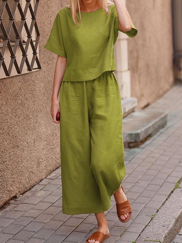 Loose Solid Color Shirt and Trousers Two-piece Set cyan