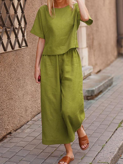 Loose Solid Color Shirt and Trousers Two-piece Set cyan