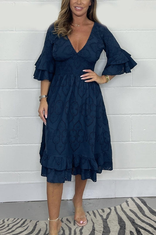 Smocked V Neck Dress Navy blue