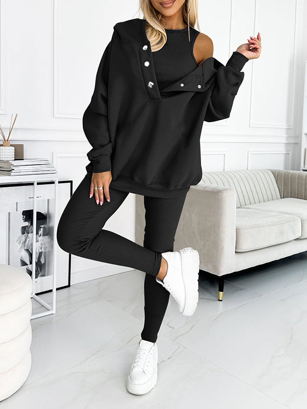 (S-5XL) Plus Size Hooded Casual and Comfortable Sweatshirt Three-piece Suit black Sweater + Vest + Pants