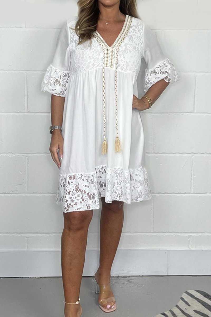 V-neck lace patchwork dress White