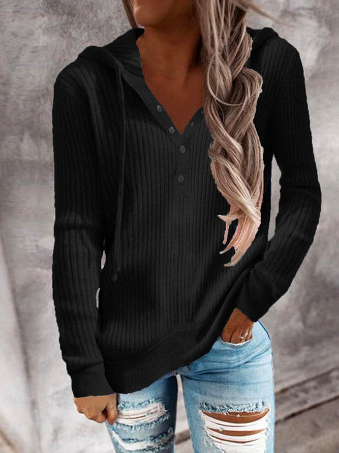 Casual V Neck Plain Shirts & Tops Black