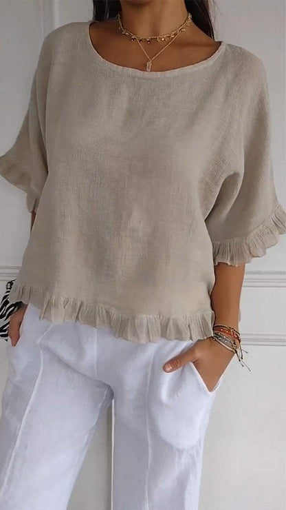 Round Neck Ruffled Hem Mid-sleeve Cotton and Linen Top Apricot