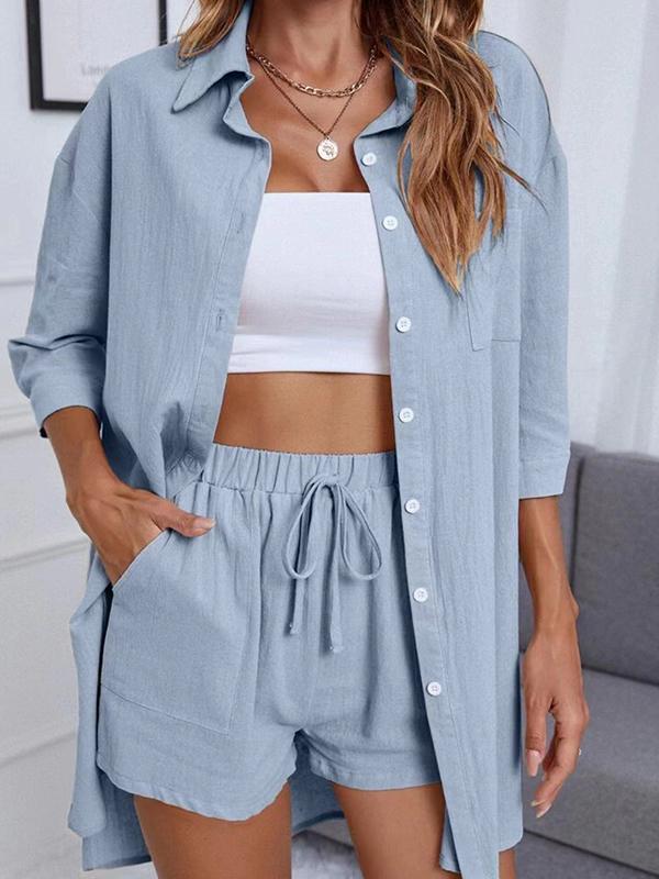 Women's Cardigan Solid Color Button Front Drop Shoulder Shirt Suit Light Blue