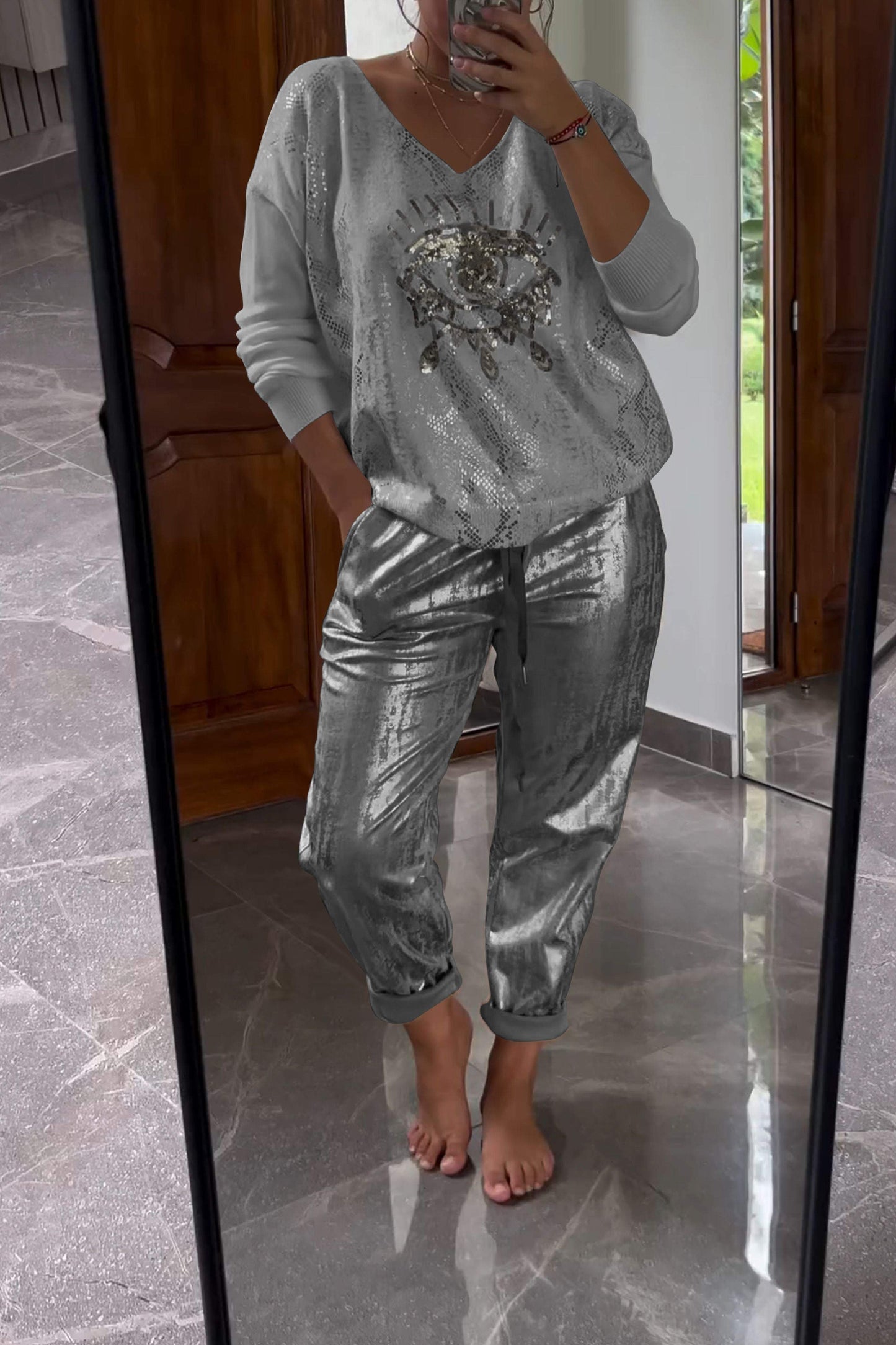 Fashionable Sequin Top And Bronzing Trousers Two-piece Set Gray