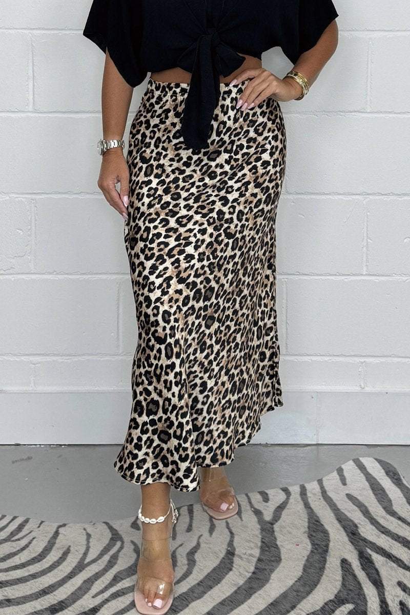 Women's Leopard Print Silk Mix Midi Skirt