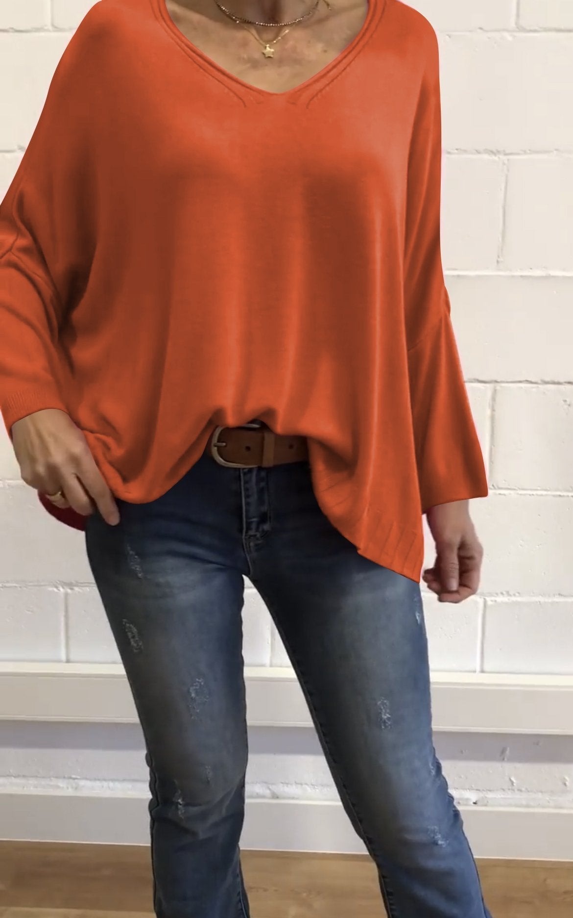 Women's Casual Solid Color Batwing Sleeve Knit Tops Orange