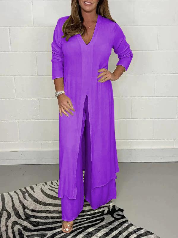 V-neck Slit Casual Two-piece Set purple