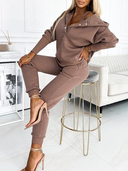 Women's Fashionable Solid Color Hooded Sweatshirt 3-piece Set brown