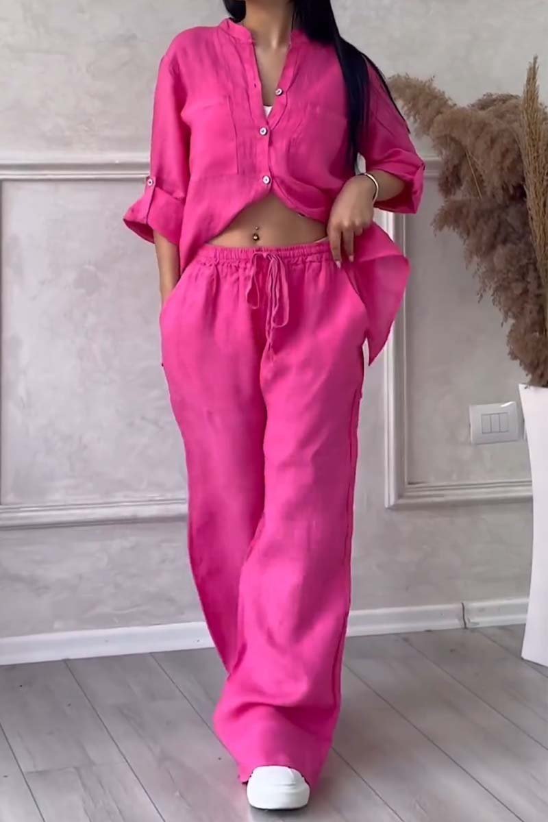 Casual solid color cotton and linen pants two-piece set Rose red