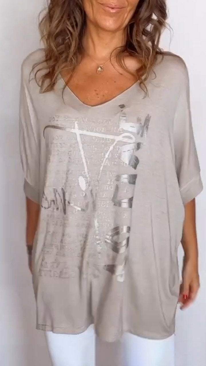 Women's V-neck Printed Mid-sleeve Casual Top