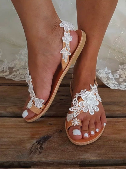 Pure White Flowers New Large Bohemian Flat Sandals