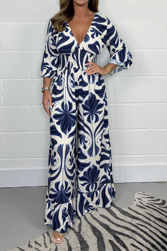 Printed V-neck jumpsuit Navy blue