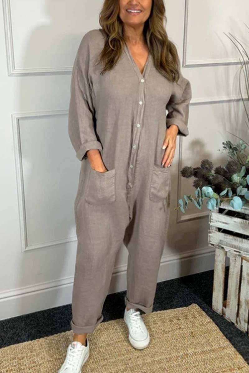 Women's casual V-neck cotton and linen long-sleeved jumpsuit