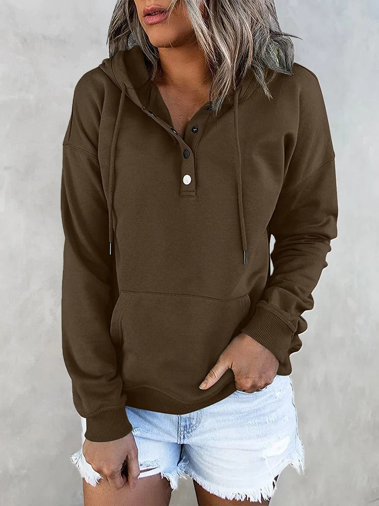 Hotouch Solid Button Front Hoodie with Pocket Brown