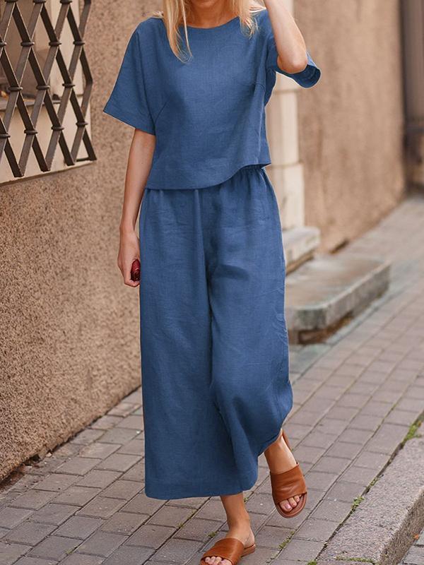 Loose Solid Color Shirt and Trousers Two-piece Set blue