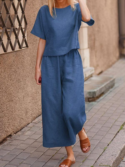 Loose Solid Color Shirt and Trousers Two-piece Set blue