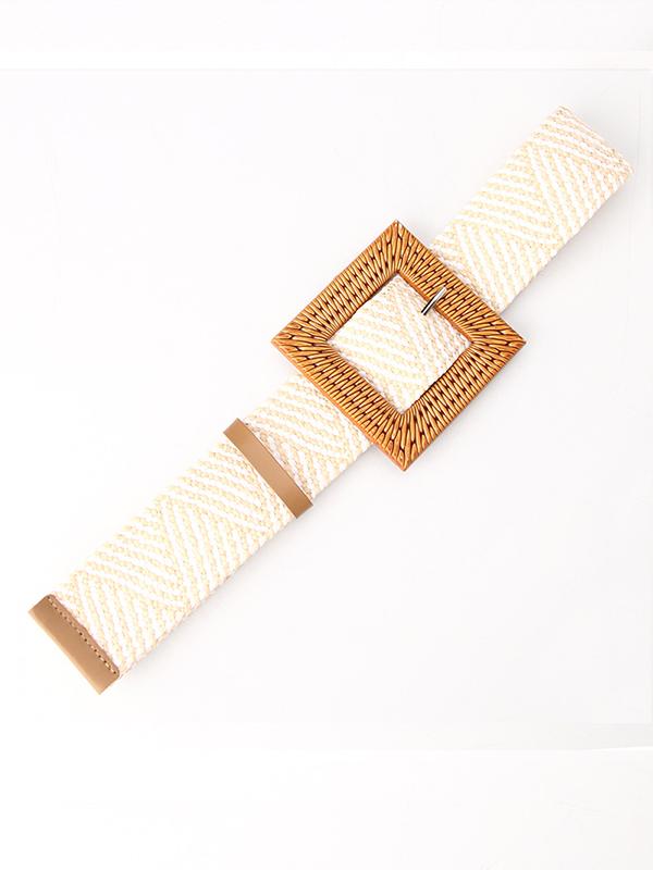 Women's Grass Woven Elastic Woven Belt Elastic Waist Seal Bohemian Style Khaki white One Size