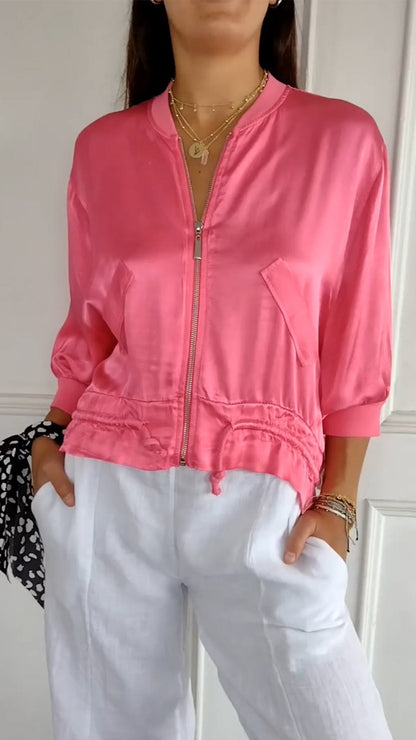 Crew Neck Zipped Satin Cropped Jacket Pink