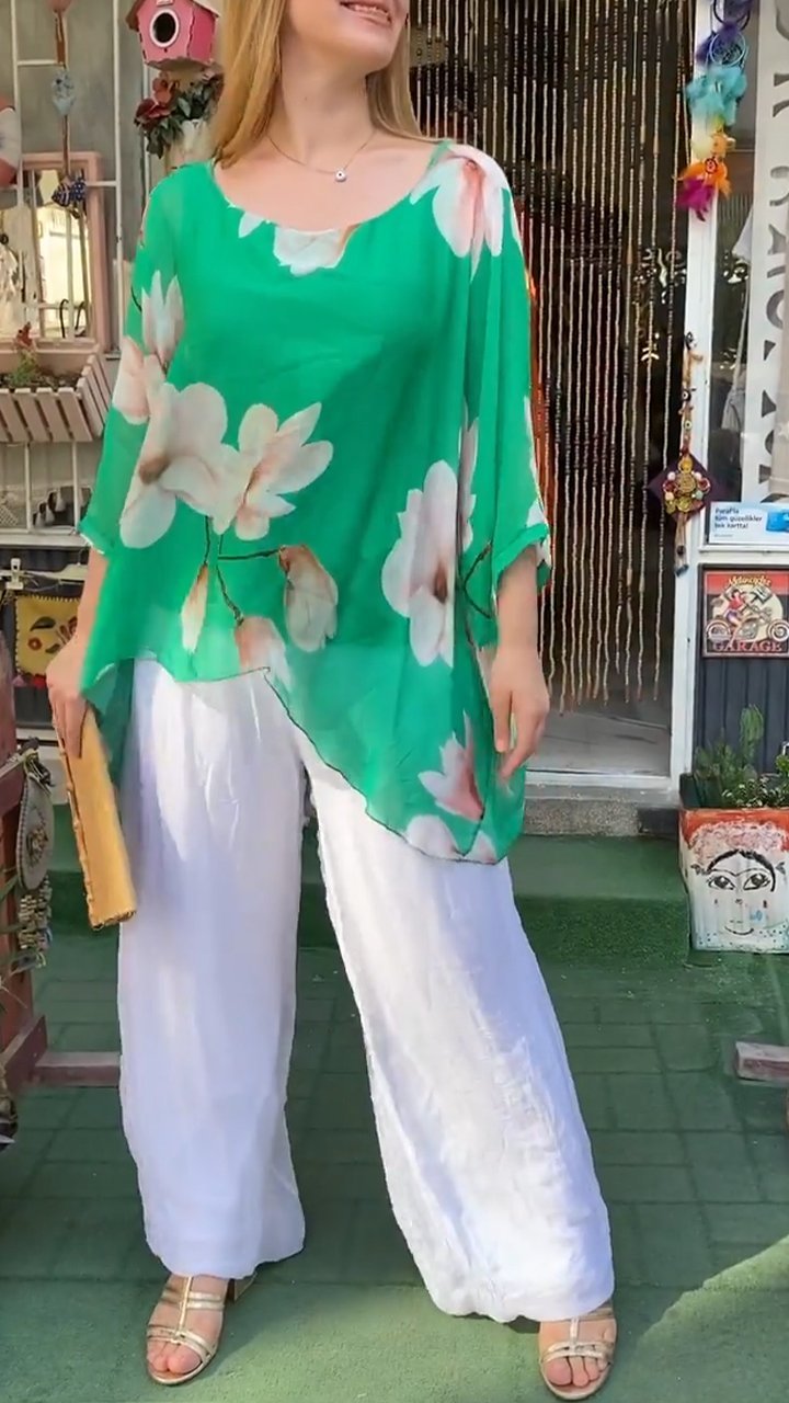 Casual Crew Neck Printed Two-piece Suit green