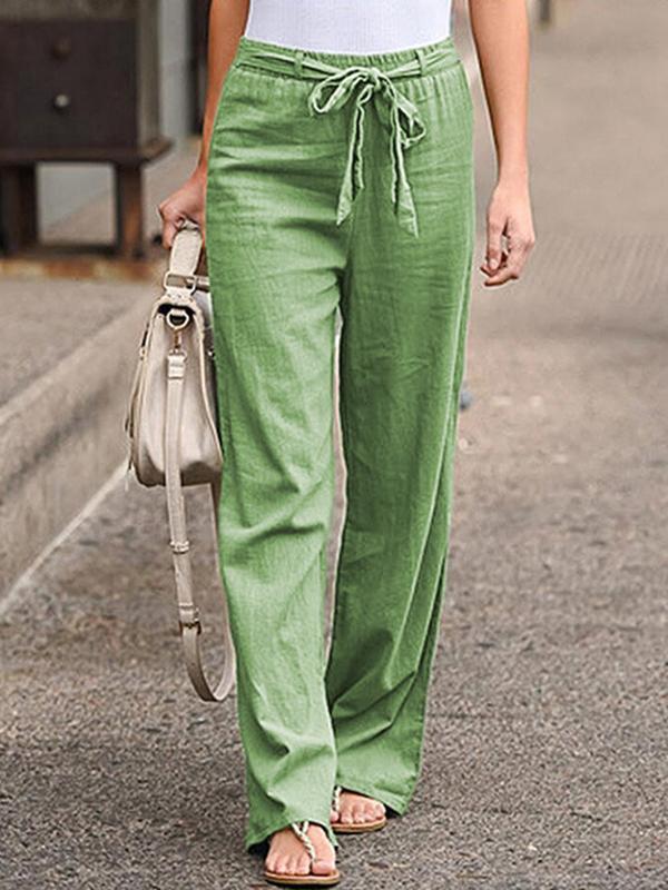 Women's Elastic Waist Cotton and Linen Wide Leg Pants Green