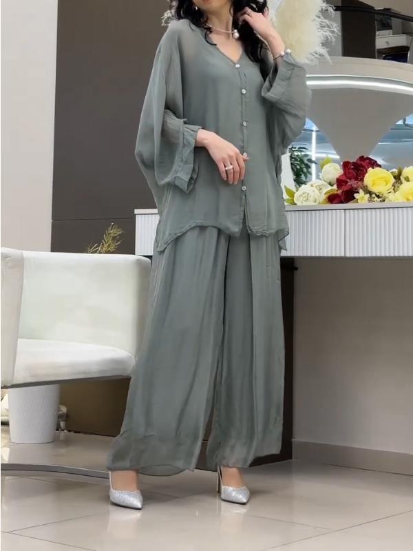 Women's V-neck Solid Color Chiffon Two-piece Set