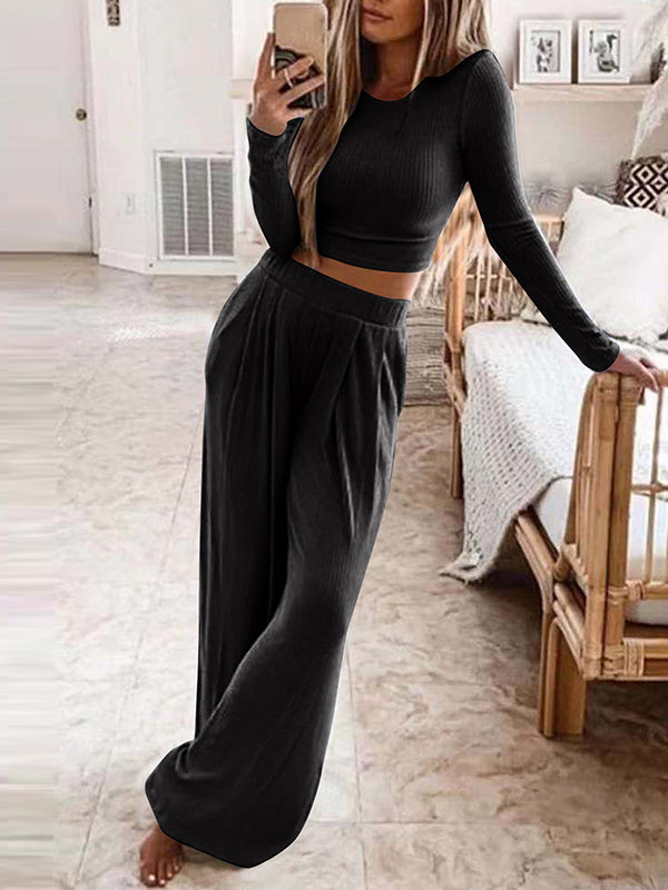 Solid color knitted casual home two-piece suit for women Black